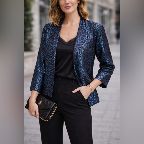 Chico's Jackets & Blazers - Chico’s Blue & Black Animal‎ Print Shimmer Jacket – Size 2 (Women’s 12)